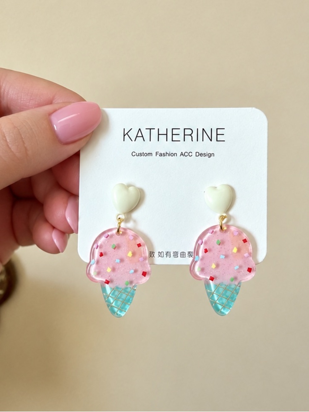 Kawaii Pink Ice Cream Drop Earrings - Resin